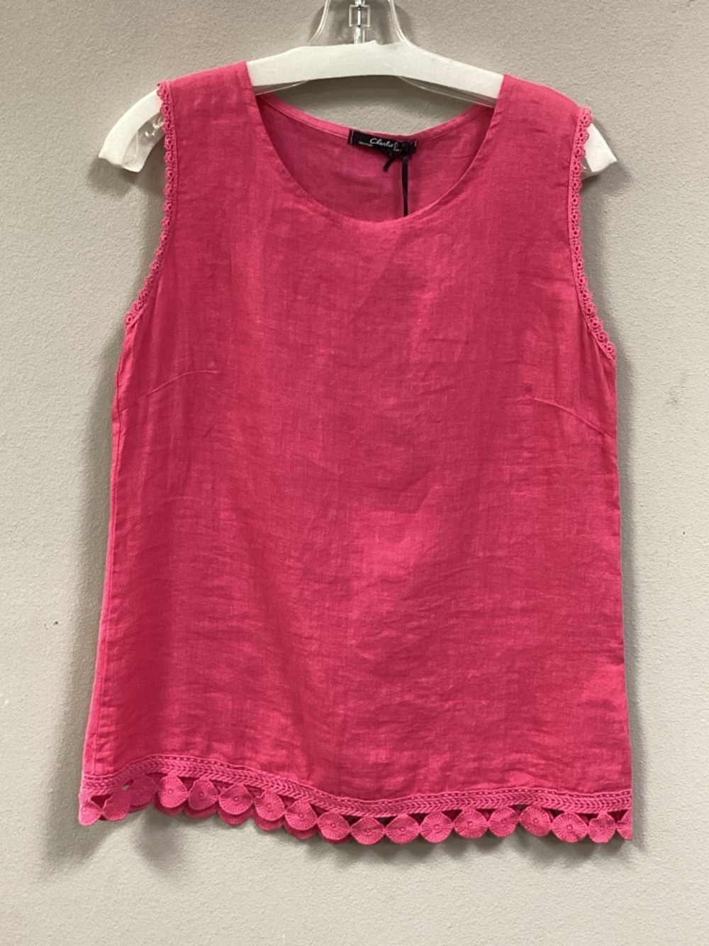 Sleeveless Pink Linen Blend Shell Top with Crochet Trim